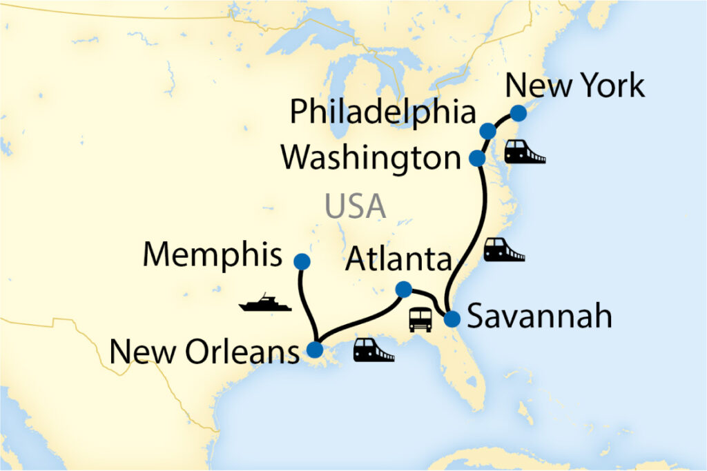 Karte, USA Zugreise, Ostküste und Südstaaten
